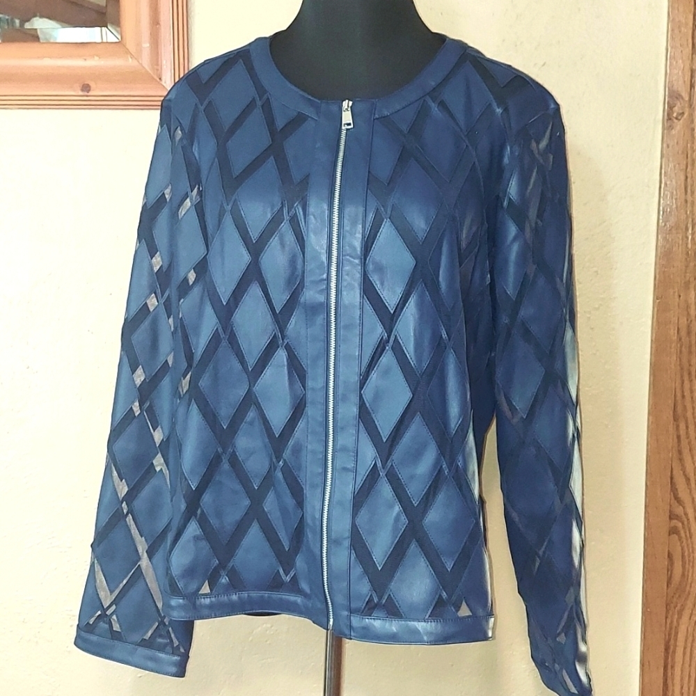 Women's Colleen Lopez Vegan Leather Checkered Sheer Zip Jacket - Picture 2 of 10